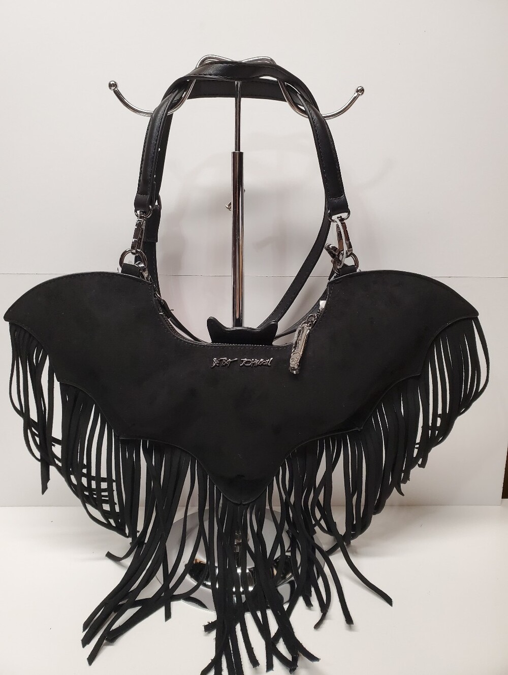 Betsey Johnson bat-shaped fringe faux suede crossbody bag zip w Detachable Strap